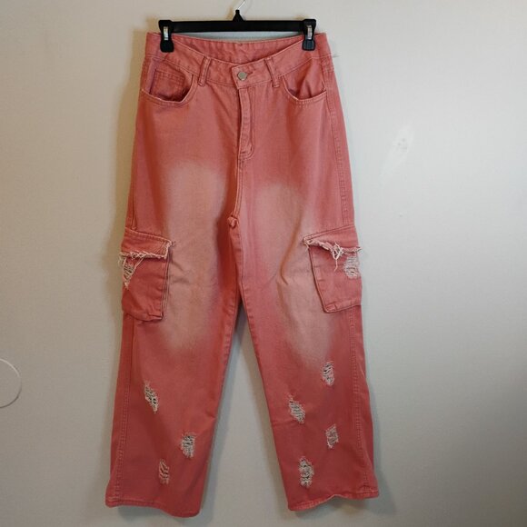 Unbranded Y2K  Pink Wide Leg Grunge Punk Cargo Distressed Baggy Jeans Women's M - Picture 1 of 7